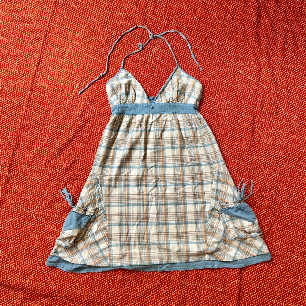 Billabong y2k Vintage Plaid Halter babydoll style Mini Dress Blue Cotton Medium